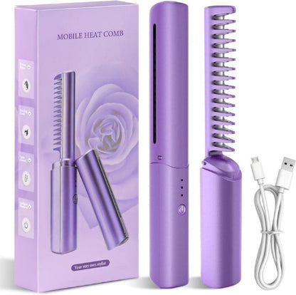 Purple mobile heat comb with packaging, comb, and USB cable on a white background